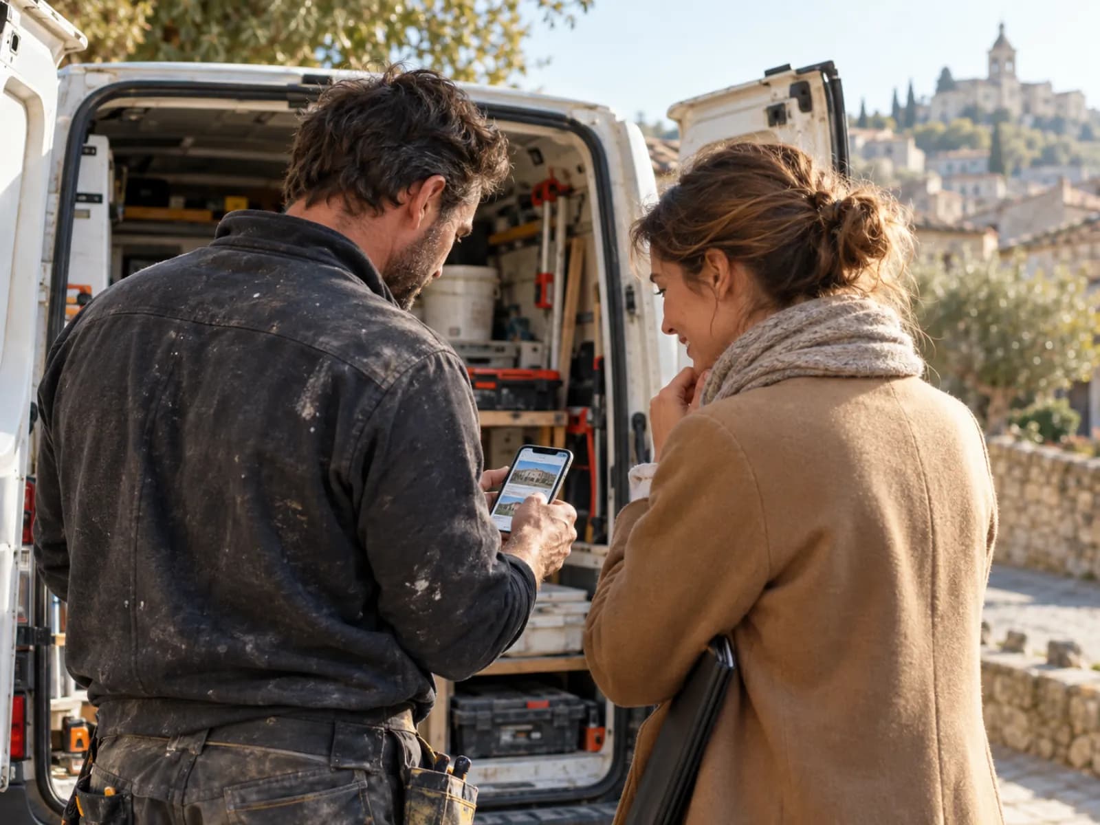 Un artisan et une conseillère consultent un site sur smartphone devant une camionnette