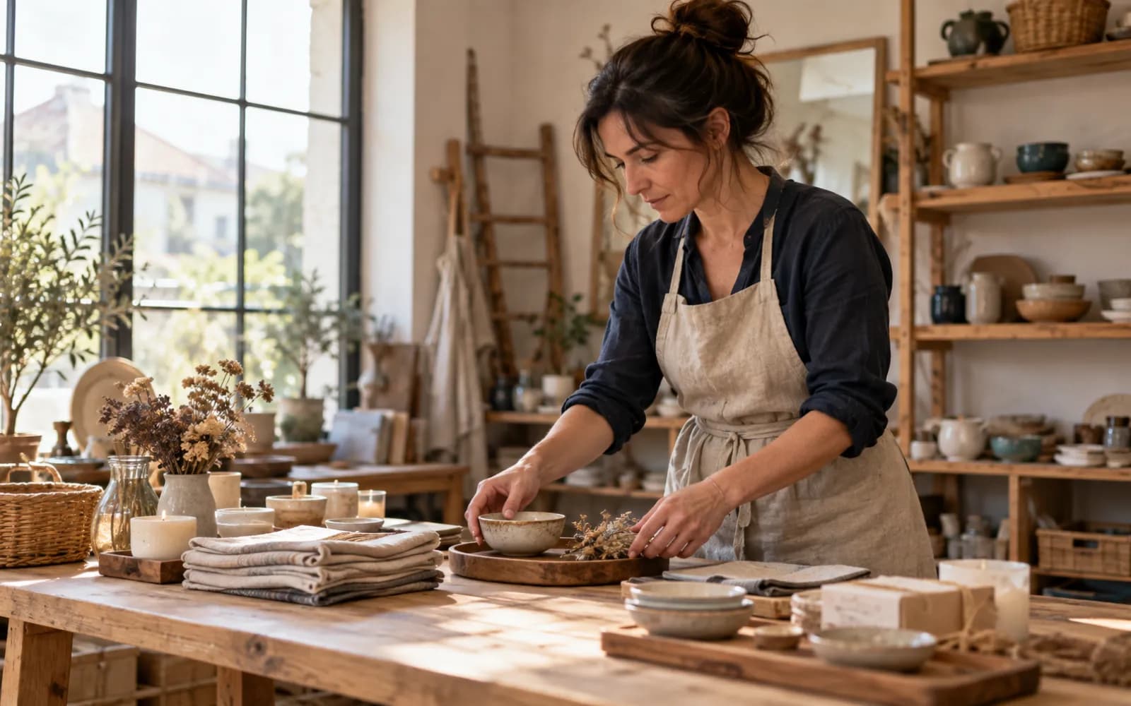 Artisane préparant des pièces sur l'établi de son atelier